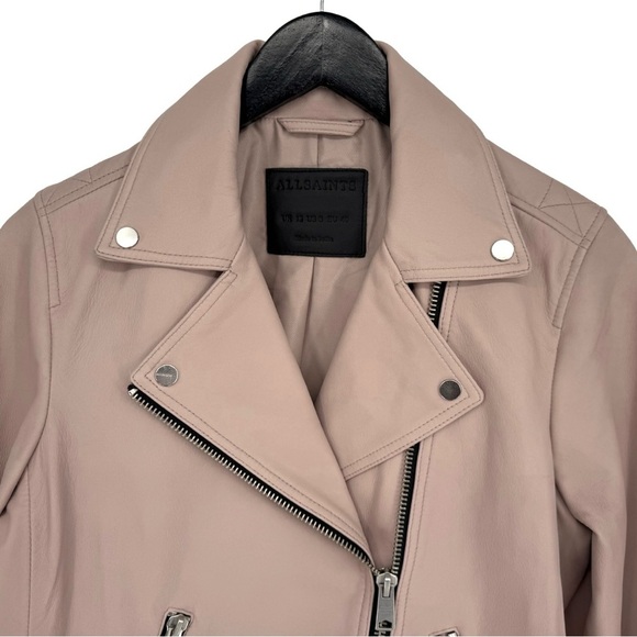 All Saints 8 Dalby Slim-Fit Leather‎ Biker Jacket Misty Pink Zipper Moto Boho - Picture 5 of 15